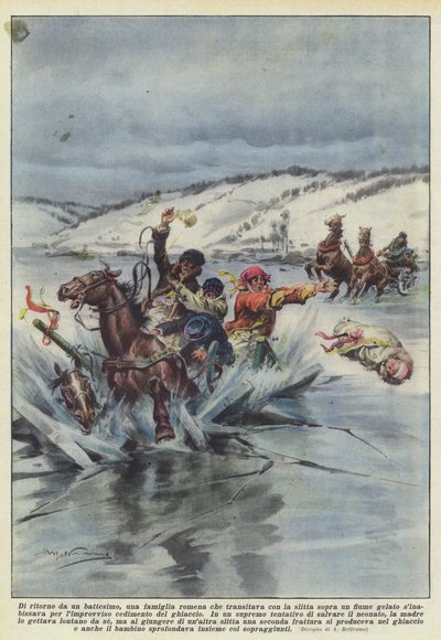 从洗礼回来，一个罗马尼亚家庭在冰冻的河面上用雪橇过境？ 作者 Achille Beltrame