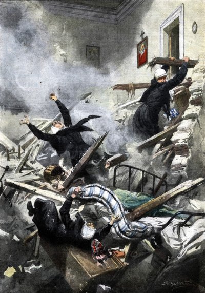 热那亚一栋大楼的灾难：好姐妹在两间公寓的倒塌中消失了。Ill. de Beltrame."La Domenica del Corriere"。04/1914. 作者 阿基里·贝尔特拉姆（Achille Beltrame）