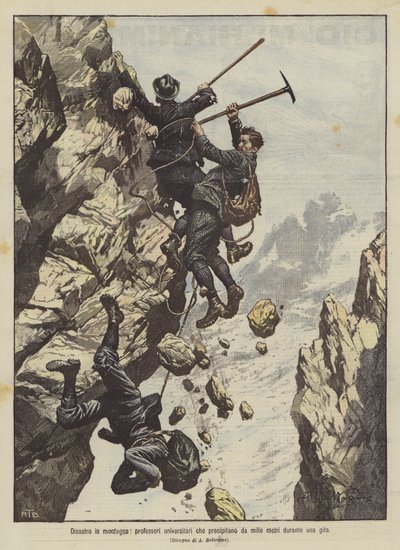 在山区的灾难，大学教授在旅行期间从一千米落下 作者 Achille Beltrame
