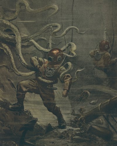 潜水员在潜水时被巨型章鱼袭击，作者：Achille Beltrame，插图，插画家 Achille Beltrame（1871-1945），来自 La Domenica del Corriere，1908 年 10 月 25 日 作者 阿基里·贝尔特拉姆（Achille Beltrame）