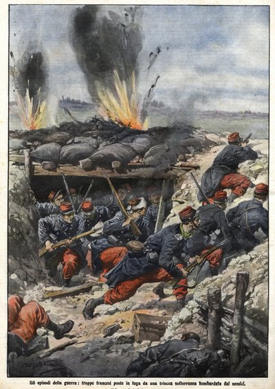 Episode of the War of 1914: French troops in the trenches are bombed by enemies. “La Domenica del Corriere” 作者 阿基里·贝尔特拉姆（Achille Beltrame）