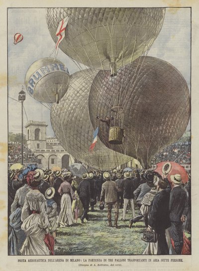 在米兰竞技场的航空党，三个气球的离开传达七个人 作者 Achille Beltrame