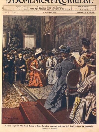 在罗马国会大厦举行的第一次意大利妇女代表大会，Achille Beltrame的插图来自La Domenica del Corriere，5月3日 作者 阿基里·贝尔特拉姆（Achille Beltrame）