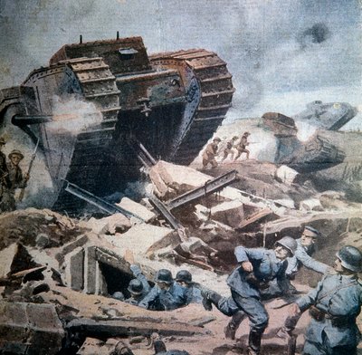 第一次世界大战（1914-1918）。"英国坦克在皮卡迪的攻击"，1916年《La Domenica del Corriere》中关于阿基里斯的插图。 作者 阿基里·贝尔特拉姆（Achille Beltrame）