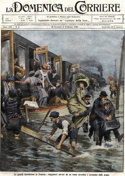 1910年1月巴黎周围的洪水，2月6日 "Domenica del corriere "的封面。 作者 阿基里·贝尔特拉姆（Achille Beltrame）