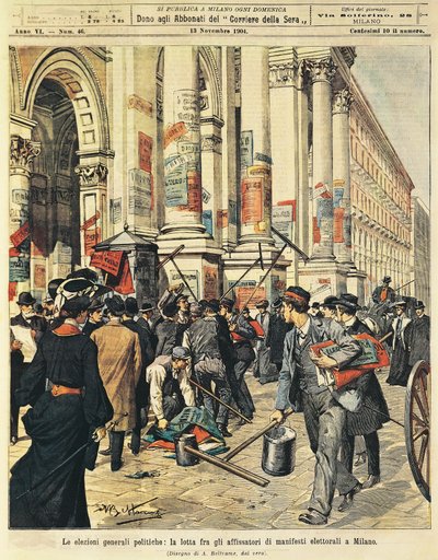 米兰的大选：在米兰悬挂政治海报的人之间的对抗，作者Achille Beltrame（1871-1945），来自La Domenica del Corriere。 作者 阿基里·贝尔特拉姆（Achille Beltrame）