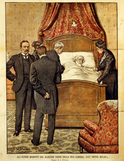 朱塞佩·威尔第 (1813-1901) 垂死，插图由 Achille Beltrame (1871-1945) 绘制。 意大利，20 世纪。 作者 阿基里·贝尔特拉姆（Achille Beltrame）