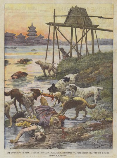 在中国发生的事件，在Pei-Ho河上，在Tien-Tsin和Ta-Ku之间分散浮动尸体 作者 Achille Beltrame