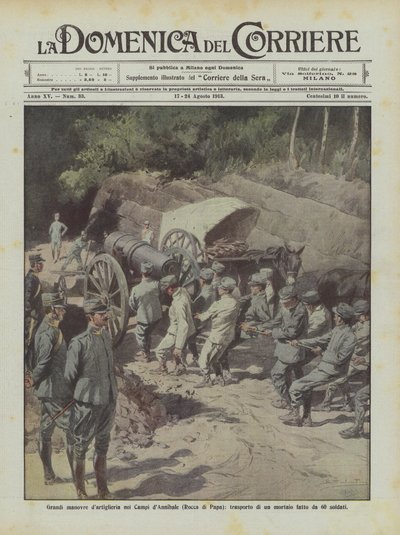 Campi dAnnibale（Rocca di Papa）的大炮演习，由60名士兵运送迫击炮 作者 Achille Beltrame