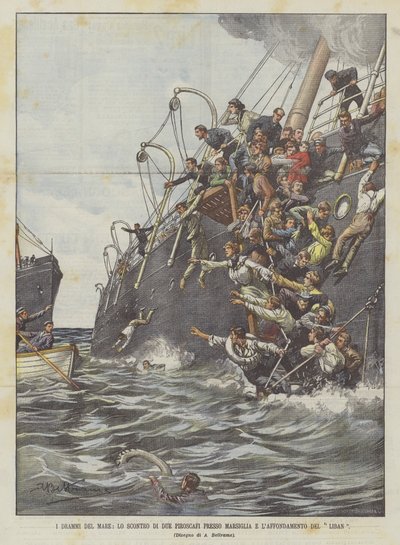 海的戏剧，马赛的两个火轮的冲突和利班的沉没 作者 Achille Beltrame