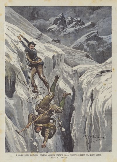 山区戏剧，四个登山运动员在勃朗峰风暴和专家投资 作者 Achille Beltrame
