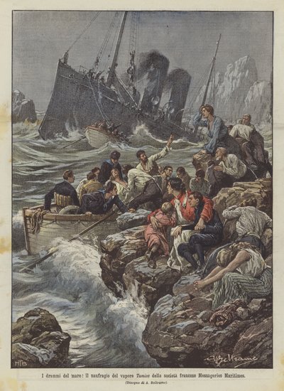 大海的戏剧，法国公司Messageries Maritimes的蒸汽Tamise的沉没 作者 Achille Beltrame