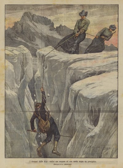 阿尔卑斯山的戏剧，十二个小时悬挂在悬崖上的绳索上 作者 Achille Beltrame
