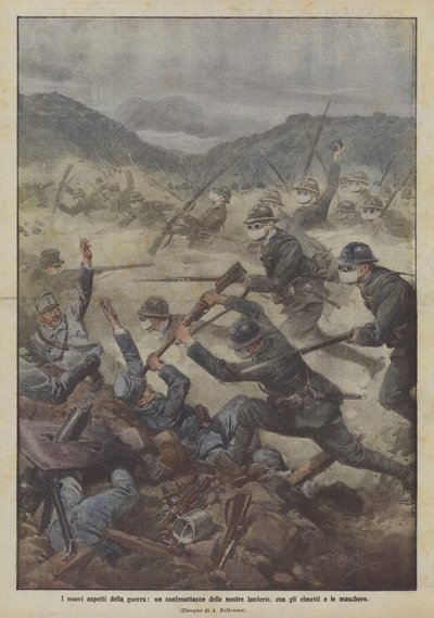 战争的新方面，我们步兵的反击，头盔和面具 作者 阿基里·贝尔特拉姆（Achille Beltrame）