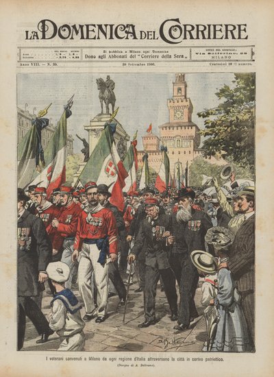这些退伍军人在意大利的每个地区定居米兰，在爱国的法庭上 作者 Achille Beltrame