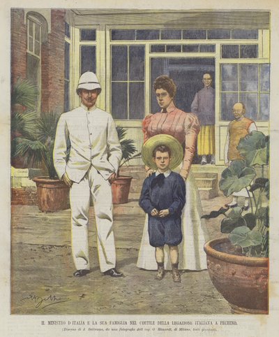 D&39;Italia部长和他的家人在意大利使馆的院子里在北京 作者 Achille Beltrame