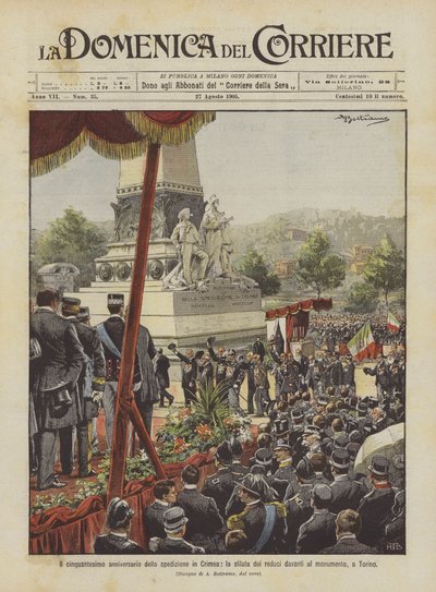 克里米亚探险五十周年，在纪念碑前的退伍军人游行，在都灵 作者 Achille Beltrame