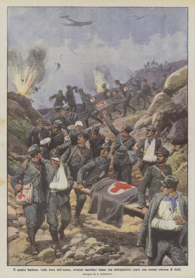 野蛮的敌人，在Soča的线上，奥地利的飞行员用机关枪拉一个？ 作者 Achille Beltrame