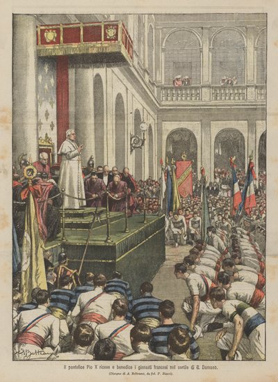 教皇庇护十世接受并祝福S Damasus庭院内的法国体操运动员 作者 Achille Beltrame