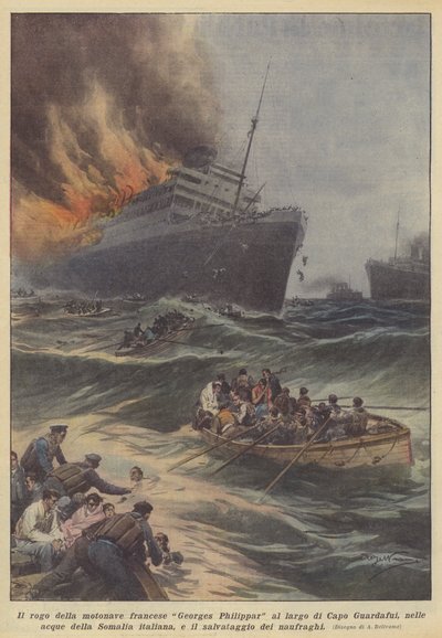 法国汽车公司Georges Philippar在Capo Guardafui附近燃烧，在水域？ 作者 Achille Beltrame