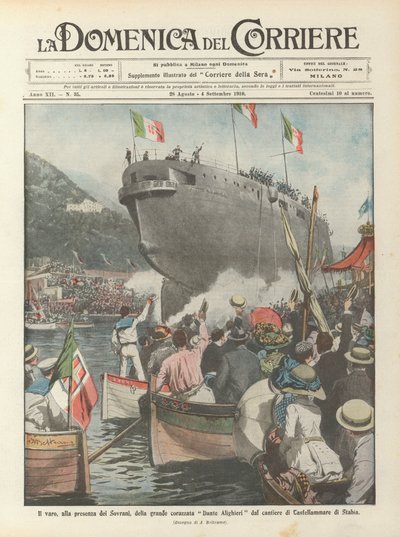 在君主面前，从Castellammare di Stabia建筑工地发射大型战列舰Dante Alighieri 作者 阿基里·贝尔特拉姆（Achille Beltrame）
