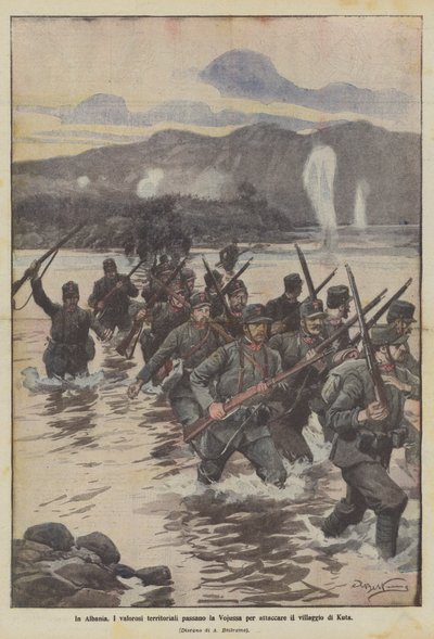在阿尔巴尼亚，勇敢的地方当局通过Vojussa攻击库塔村 作者 Achille Beltrame