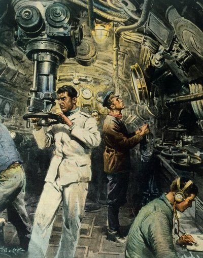 潜水艇内部，由Achille Beltrame（1871-1945）创作，插图来自La Domenica del Corriere，12月28日 作者 阿基里·贝尔特拉姆（Achille Beltrame）