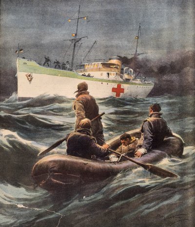 意大利医院船拯救四名被击落的德国飞行员，作者是Achille Beltrame（1871-1945），插图来自La Domenica del Corriere，2月23日 作者 阿基里·贝尔特拉姆（Achille Beltrame）