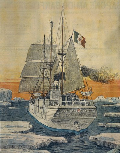 前往北极的旅程。阿奇尔-贝尔特拉梅（1871-1945）的《极地之星》船载着阿布鲁齐公爵萨瓦-奥斯塔的路易吉-阿梅德奥王子前往鲁道夫岛的特普利茨湾，来自La Domenica del Corriere。 作者 阿基里·贝尔特拉姆（Achille Beltrame）