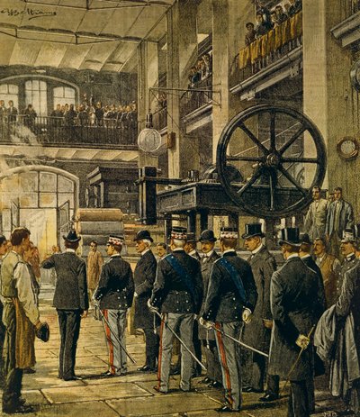1905 年 10 月 8 日，阿奇勒·贝尔特拉梅（Achille Beltrame，1871-1945 年）在米兰的维托里奥·埃马努埃莱三世参观工厂，来自 La Domenica del Corriere 作者 Achille Beltrame