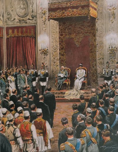 King of Italy, Vittorio Emanuele III of Savoy, being crowned King of Albanians, by Achille Beltrame, illustration, Illustrator Achille Beltrame (1871-1945), from La Domenica del Corriere 作者 阿基里·贝尔特拉姆（Achille Beltrame）
