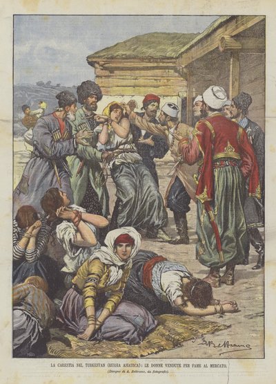 饥荒在土耳其斯坦（亚洲俄罗斯），妇女在市场上为饥饿而卖 作者 Achille Beltrame
