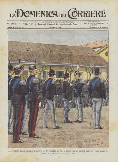 在米兰为一位高山士兵交付一枚银牌，以获得巨大的价值 作者 Achille Beltrame