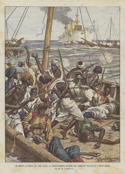 红海盗的传播，意大利Sambuco和海盗之间的米迪战斗 作者 Achille Beltrame