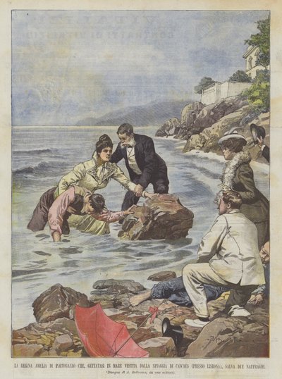 葡萄牙阿米莉亚女王，坐在海边穿着卡斯卡伊斯海滩？ 作者 Achille Beltrame