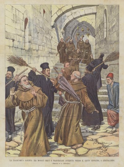 希腊和方济各会修士之间的Tragicomica Baruffa发生在耶路撒冷的圣墓 作者 Achille Beltrame