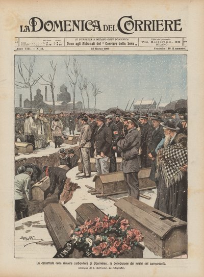 Courrieres煤矿的灾难，墓地棺材的祝福 作者 Achille Beltrame