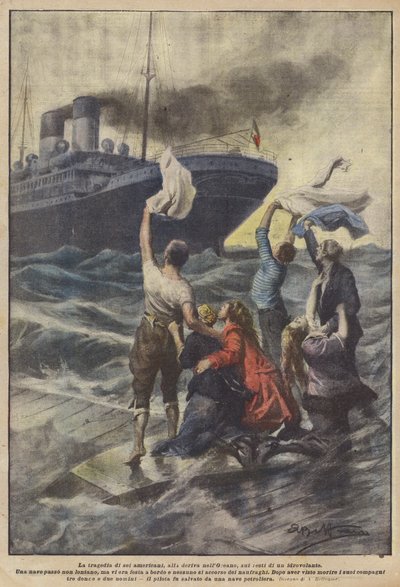 六个漂浮在海洋中的美国人对水上飞机残骸的悲剧 作者 Achille Beltrame