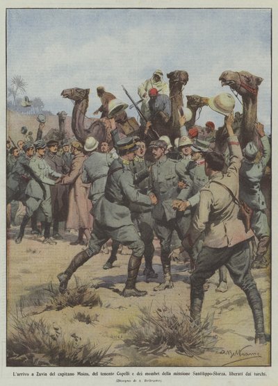 Moizo船长，中尉Copelli和任务成员抵达Zavia？ 作者 Achille Beltrame