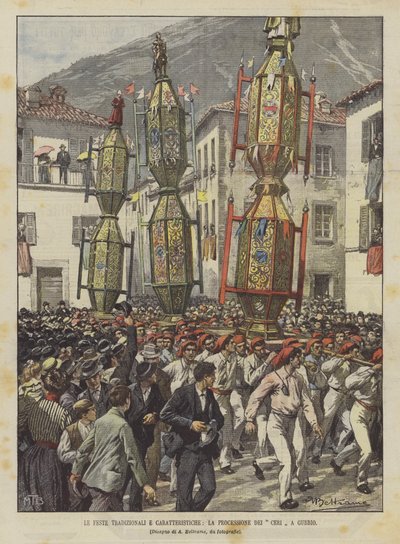 传统节日和特征，游行Dei Ceri在古比奥 作者 Achille Beltrame