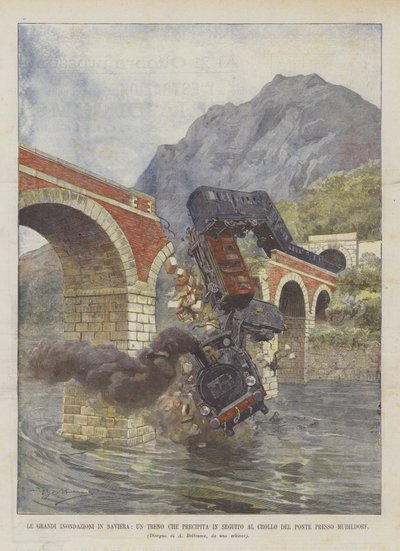 巴伐利亚的大洪水，一列火车连续冲向Muihldorf桥的倒塌 作者 Achille Beltrame