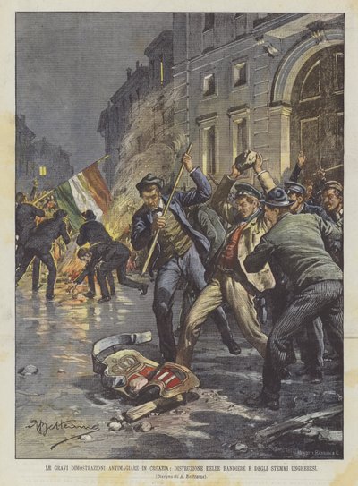 在克罗地亚的严重示威Antimagiare，匈牙利国旗和徽章的破坏 作者 Achille Beltrame