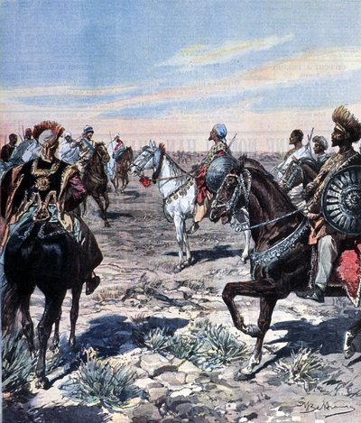 莫泽蒂上尉在埃塞俄比亚的拉斯-马孔宁（Mekonnen Welde Mikael）（阿巴-卡格尼乌）（1852-1906）营地。插图：Beltrame。La Domenica del corriere.1899. 作者 Achille Beltrame
