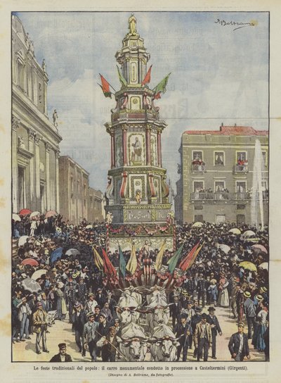 人民的传统节日，在Casteltermini（Girgenti）游行中进行的纪念性购物车 作者 Achille Beltrame