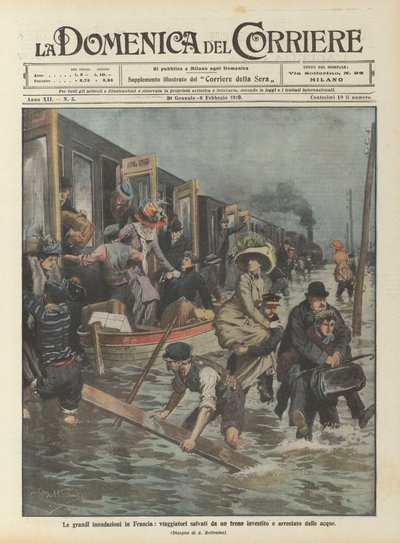 在法国大洪水中，乘火车拯救的旅行者在水面上肆虐 作者 Achille Beltrame