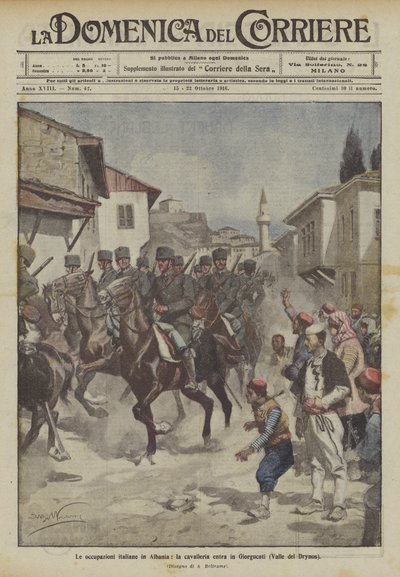 意大利在阿尔巴尼亚的职业，骑兵进入Giorgucati（Drynos Valley） 作者 Achille Beltrame