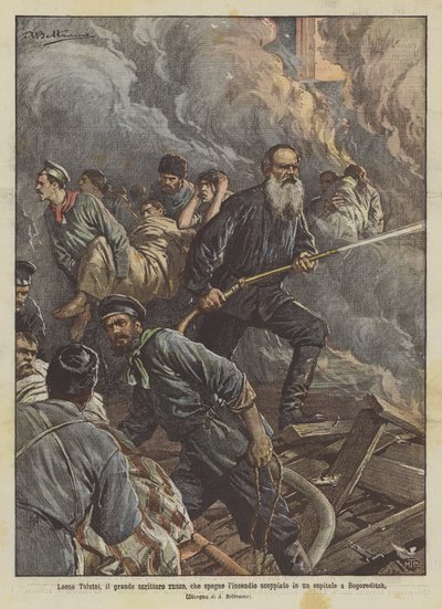 伟大的俄罗斯作家莱昂托尔斯泰（Leone Tolstoi）在波哥罗兹茨克（Bogoroditzk）热情好客中爆发了火灾 作者 阿基里·贝尔特拉姆（Achille Beltrame）