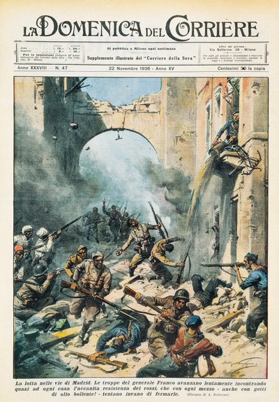 西班牙内战期间马德里街头的混战，Achille Beltrame（1871-1945），来自La Domenica del Corriere，11月22日 作者 阿基里·贝尔特拉姆（Achille Beltrame）