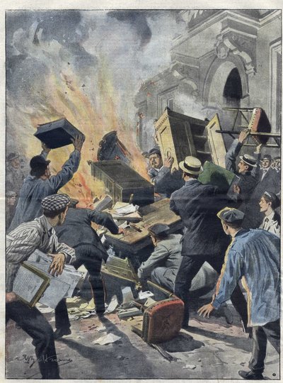 1907年的米迪葡萄酒危机：酿酒师在贝济耶（Herault）的市政厅放火。1907年Achille Beltrame的插图。 作者 阿基里·贝尔特拉姆（Achille Beltrame）