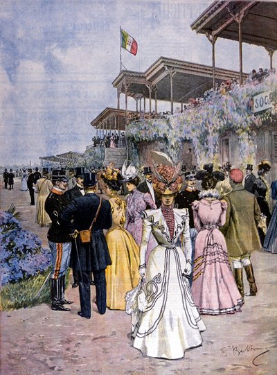米兰：在圣西罗赛马场举行的赛马会：颁发贸易奖。插图：Beltrame。La Domenica del corriere.1899. 作者 阿基里·贝尔特拉姆（Achille Beltrame）
